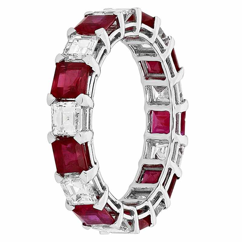 Square Step Cut Ruby & Diamond Alternating Eternity Ring in White Gold, Size 6