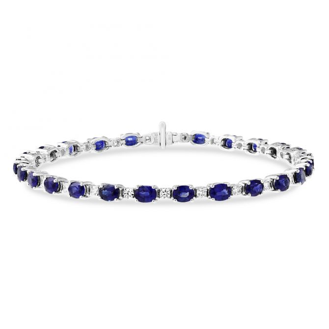 Oval Sapphire & Diamond Prong Set Bracelet in White Gold, 7"