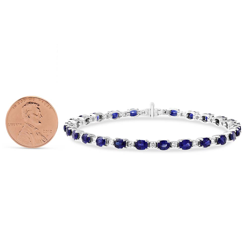 Oval Sapphire & Diamond Prong Set Bracelet in White Gold, 7