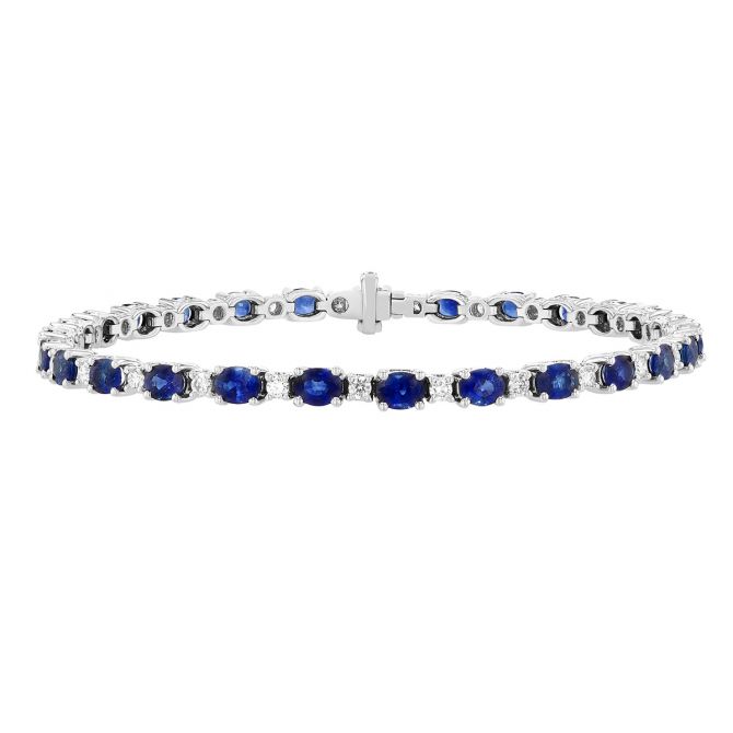Oval Sapphire & Round Diamond Bracelet in White Gold, 7"