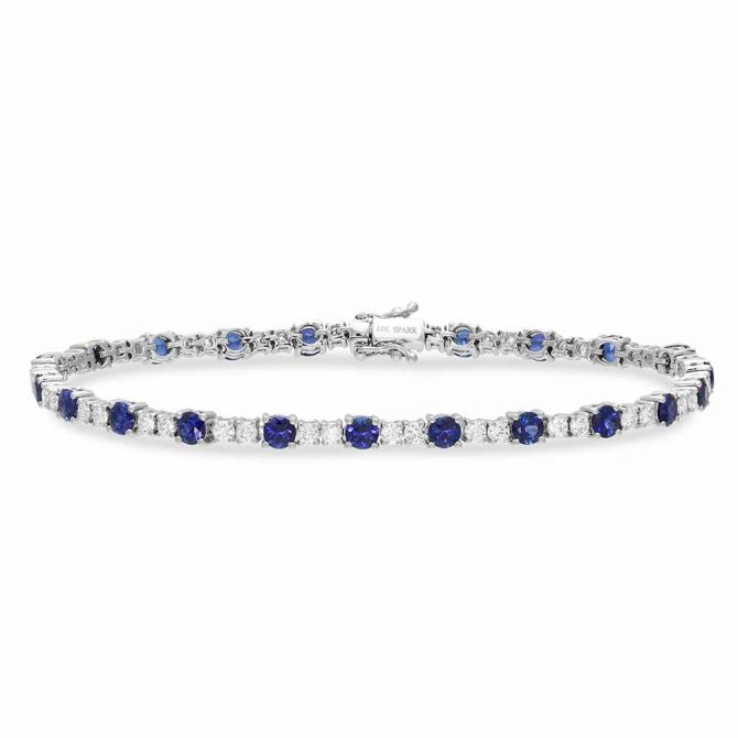 18K White Gold Round Sapphire & Diamond Bracelet, 7"