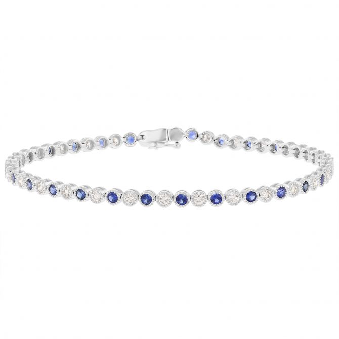 Round Sapphire & Diamond Milgrain Bezel Bracelet in White Gold, 7.5"