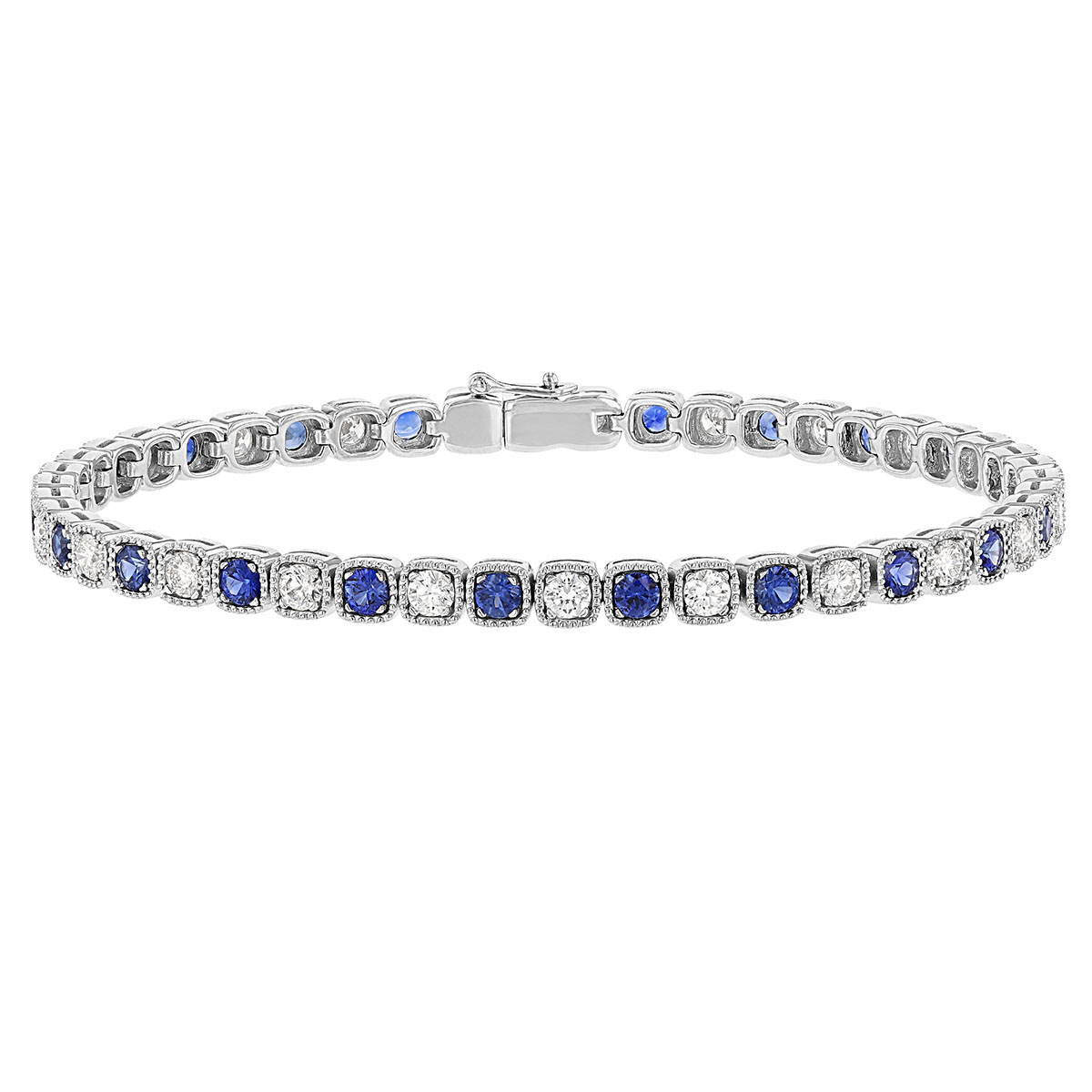 Sapphire & Diamond Milgrain Bezel Set Tennis Bracelet in White Gold, 7.25