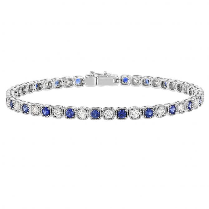 Sapphire & Diamond Milgrain Bezel Set Tennis Bracelet in White Gold, 7.25"