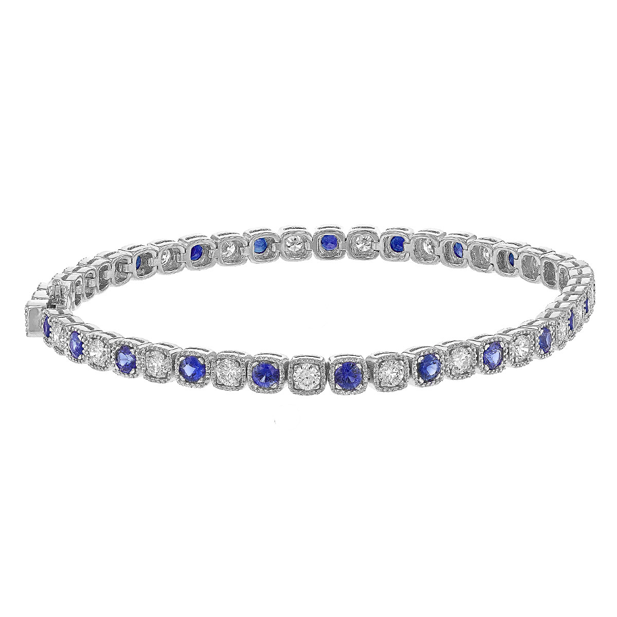 Sapphire & Diamond Milgrain Bezel Set Tennis Bracelet in White Gold, 7.25