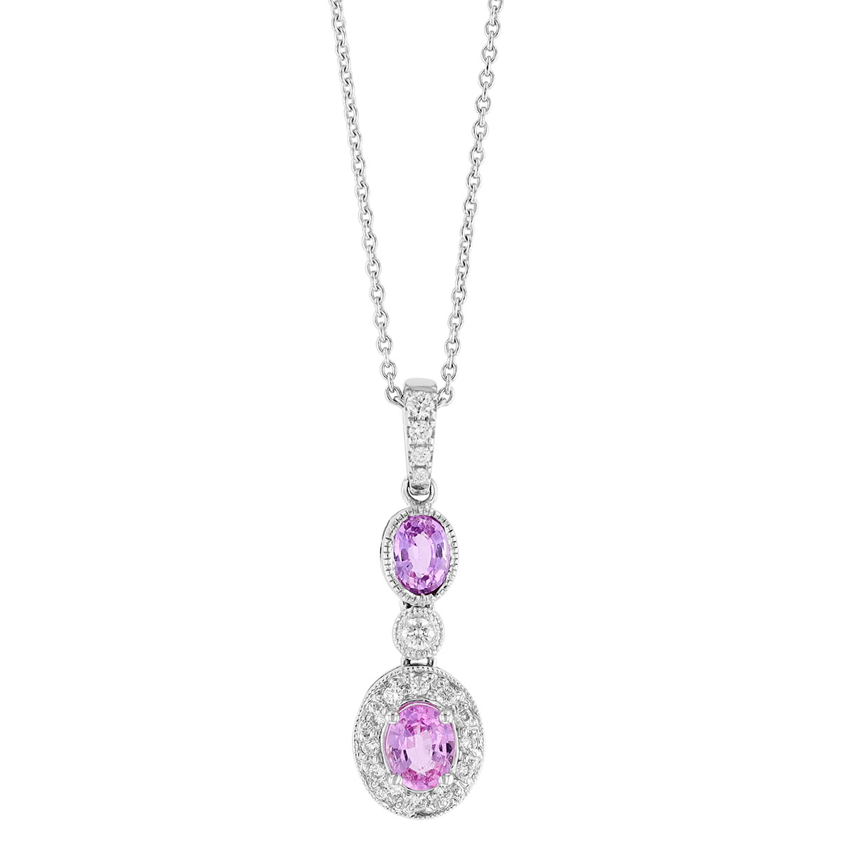 Oval Pink Sapphire & Diamond Double Dangle Pendant in White Gold, 18