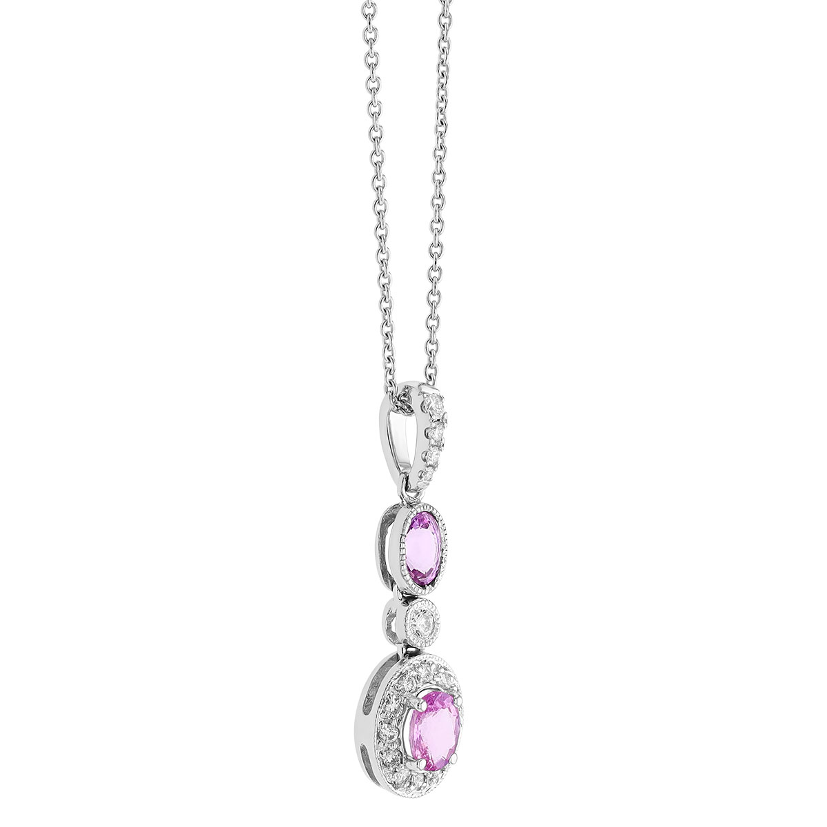 Oval Pink Sapphire & Diamond Double Dangle Pendant in White Gold, 18