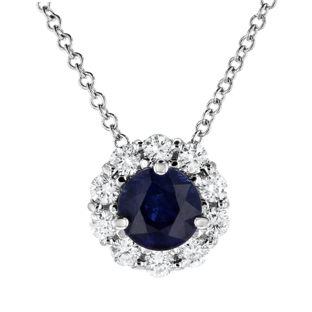 Round Sapphire & Diamond Halo Pendant in White Gold, 16