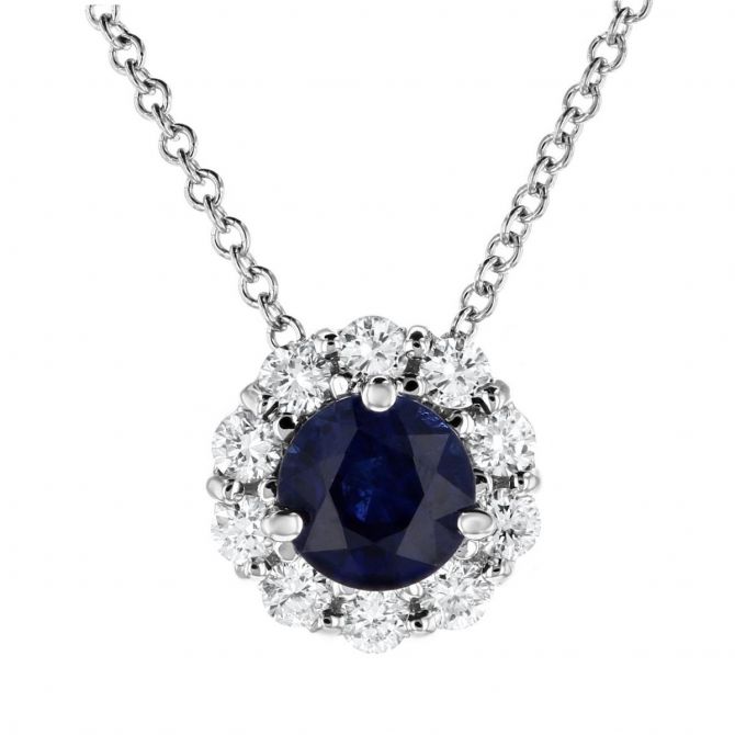 Round Sapphire & Diamond Halo Pendant in White Gold, 16"