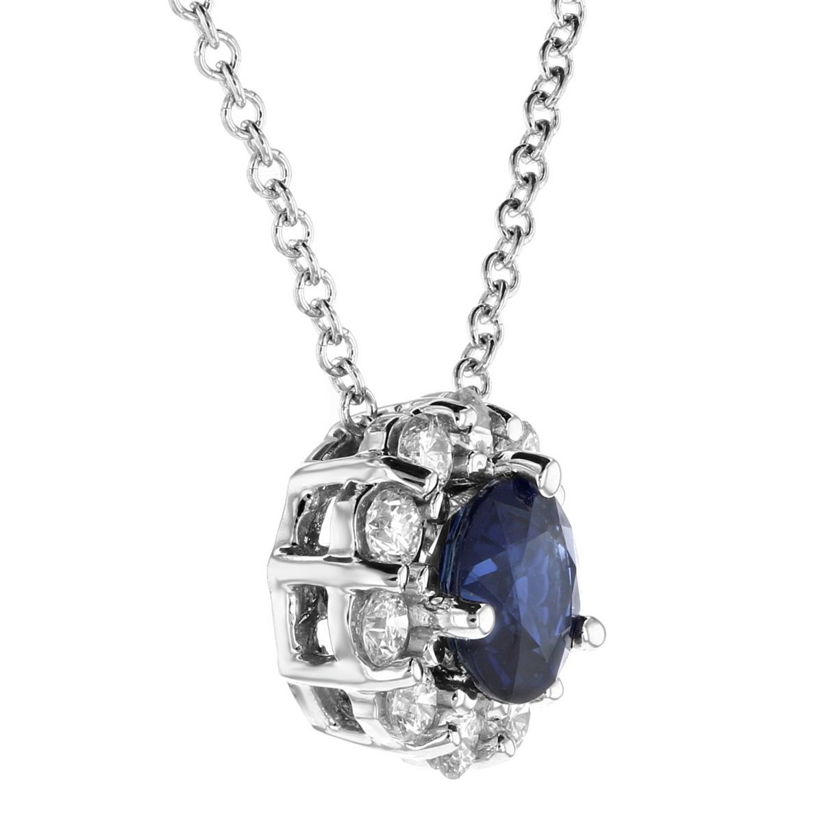 Round Sapphire & Diamond Halo Pendant in White Gold, 16