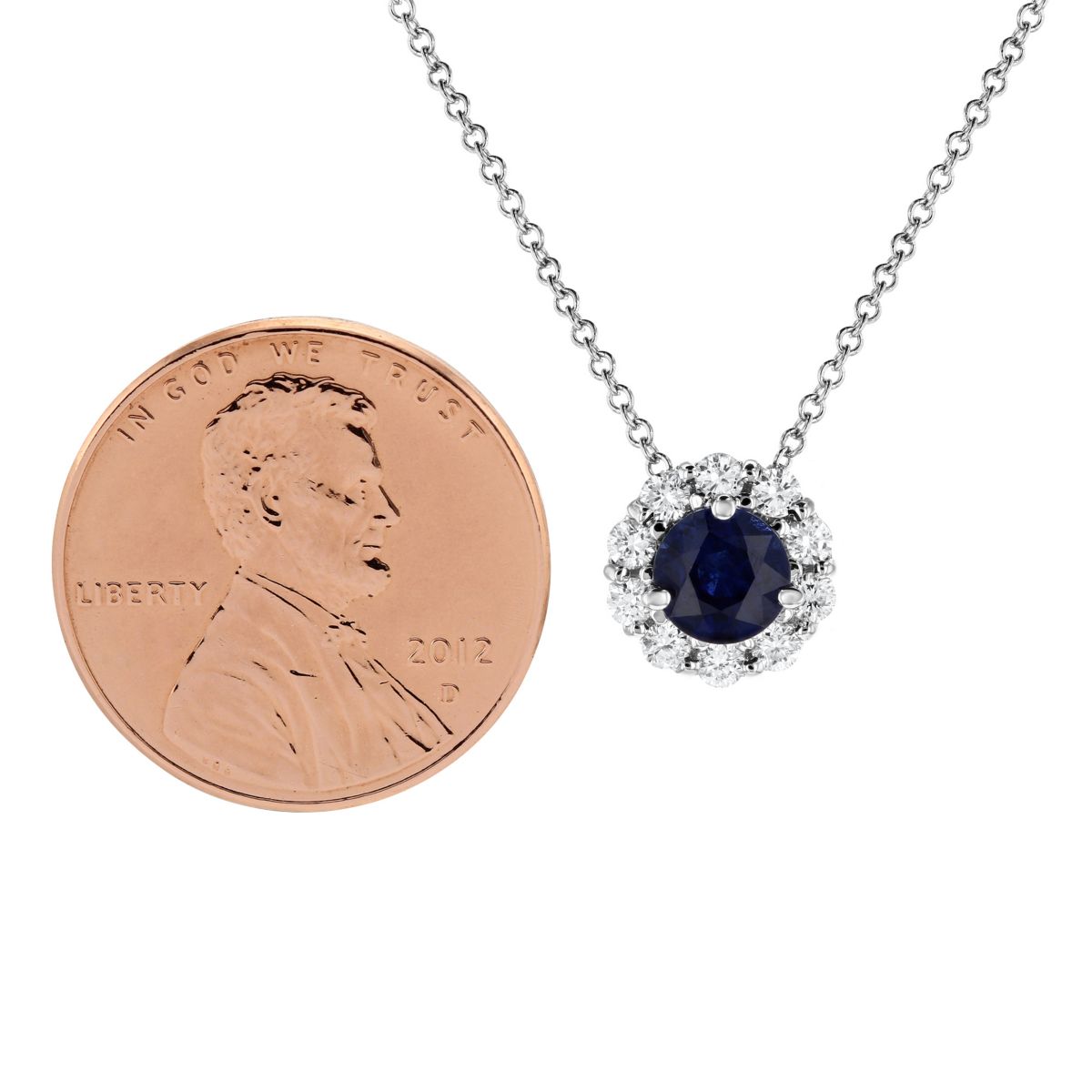 Round Sapphire & Diamond Halo Pendant in White Gold, 16