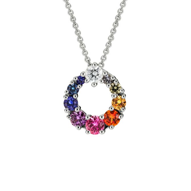 Round Multicolor Sapphire & Diamond Circle Pendant in White Gold, 18"