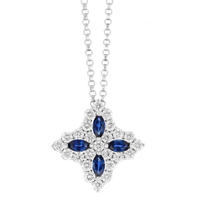 Roberto Coin Princess Flower Diamond & Sapphire Medium Flower Pendant Necklace in White Gold