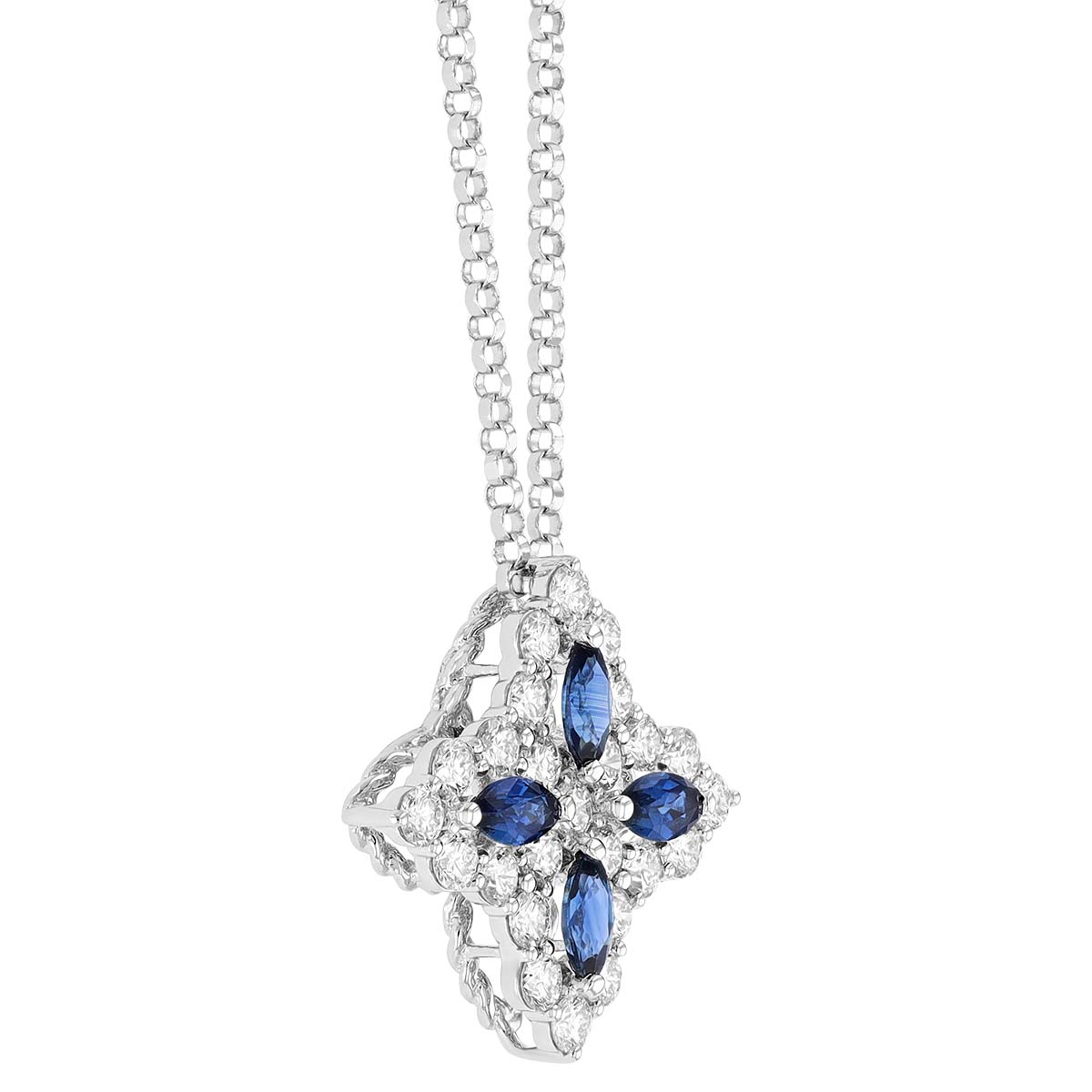 Roberto Coin Princess Flower Diamond & Sapphire Medium Flower Pendant Necklace in White Gold