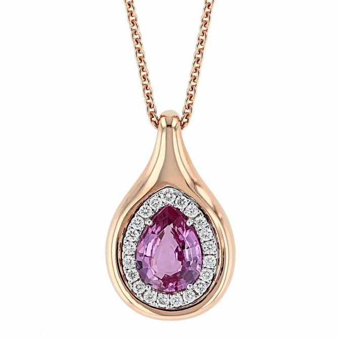 Pear Shaped Pink Sapphire & Diamond Halo Teardrop Pendant in Rose Gold, 16"