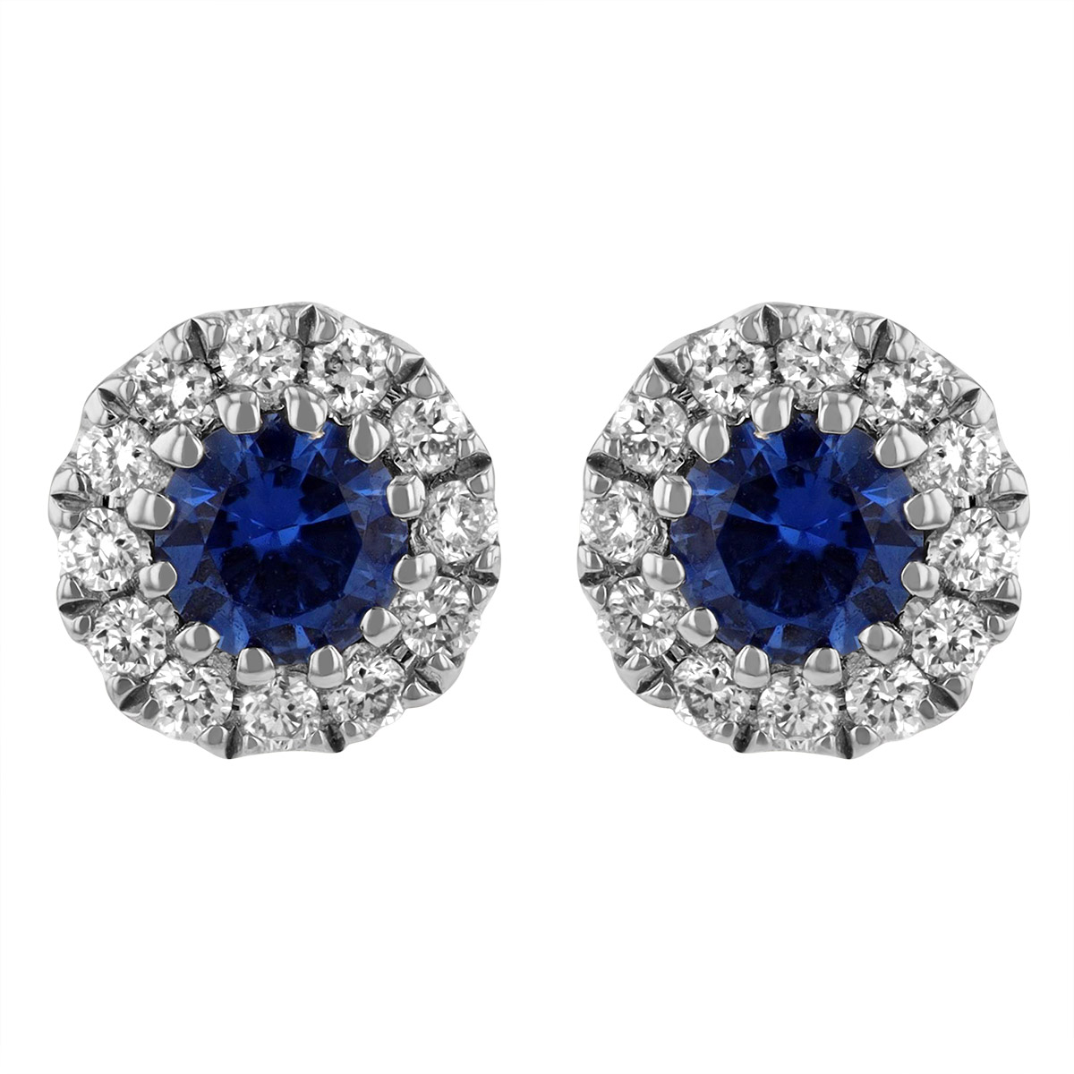 Round Sapphire & Diamond Halo Earrings in White Gold