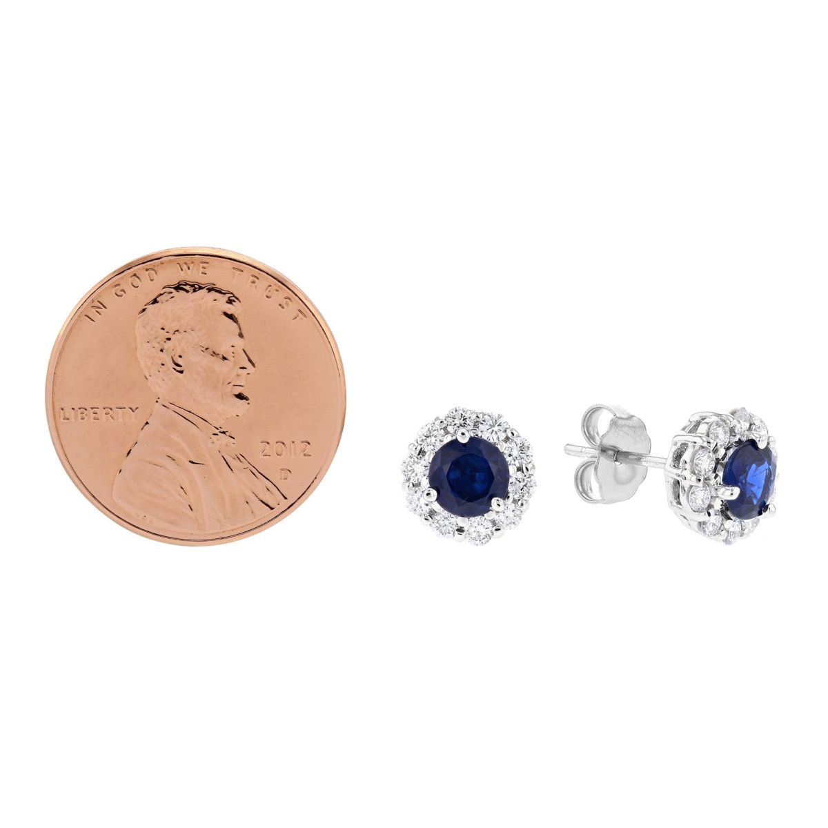Round Sapphire & Diamond Halo Stud Earrings in White Gold