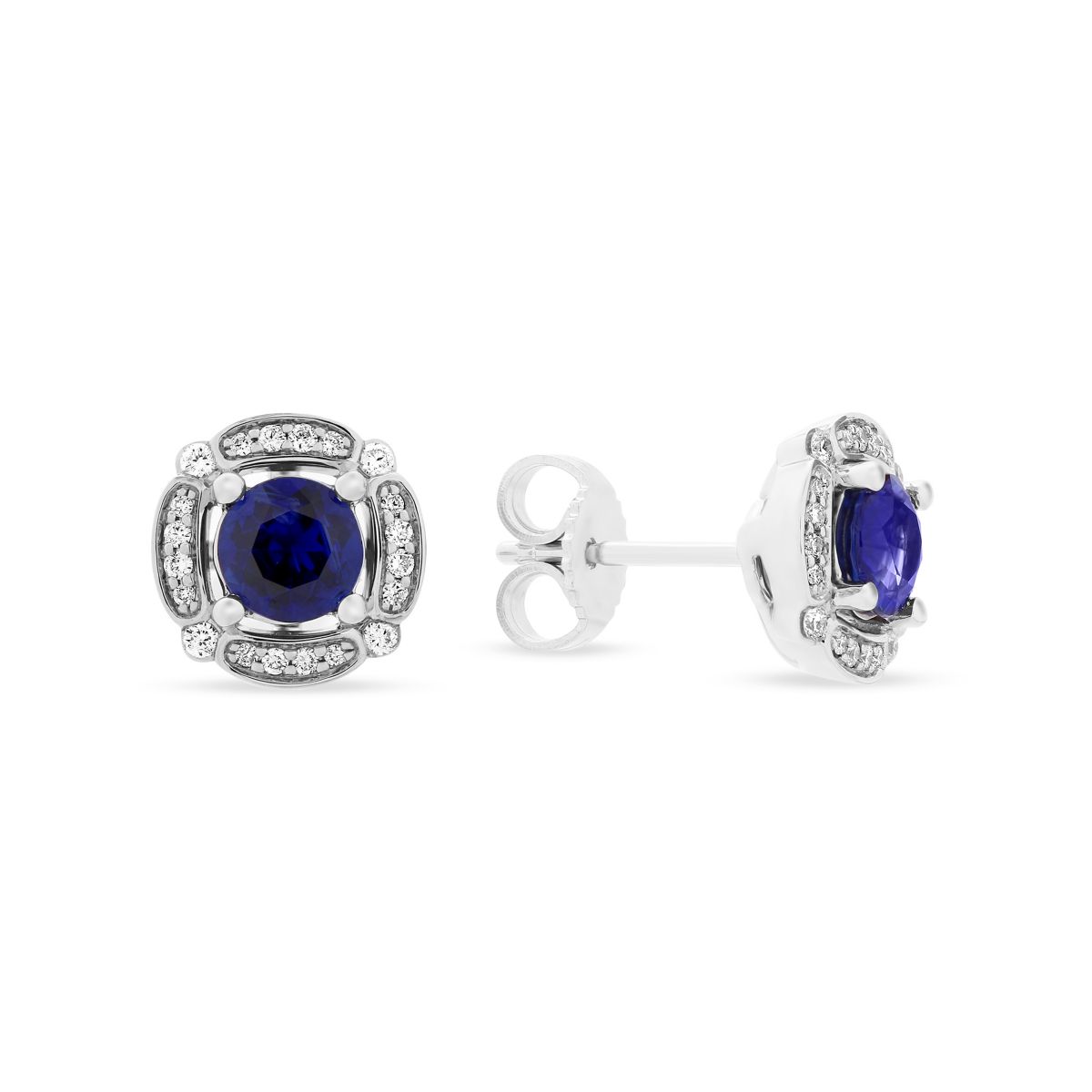 Round Sapphire & Diamond Frame Post Earrings in White Gold