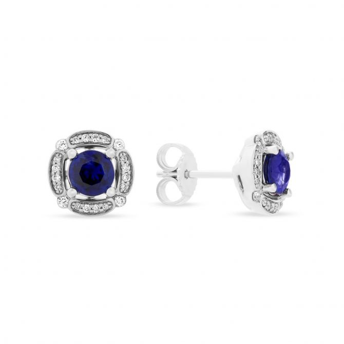 Round Sapphire & Diamond Frame Post Earrings in White Gold