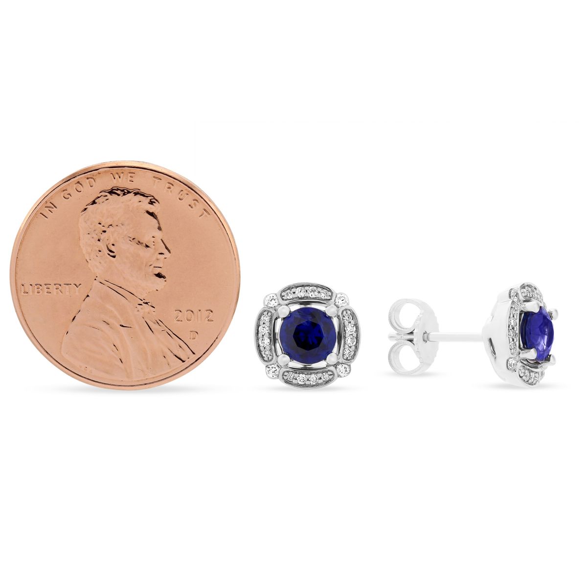 Round Sapphire & Diamond Frame Post Earrings in White Gold