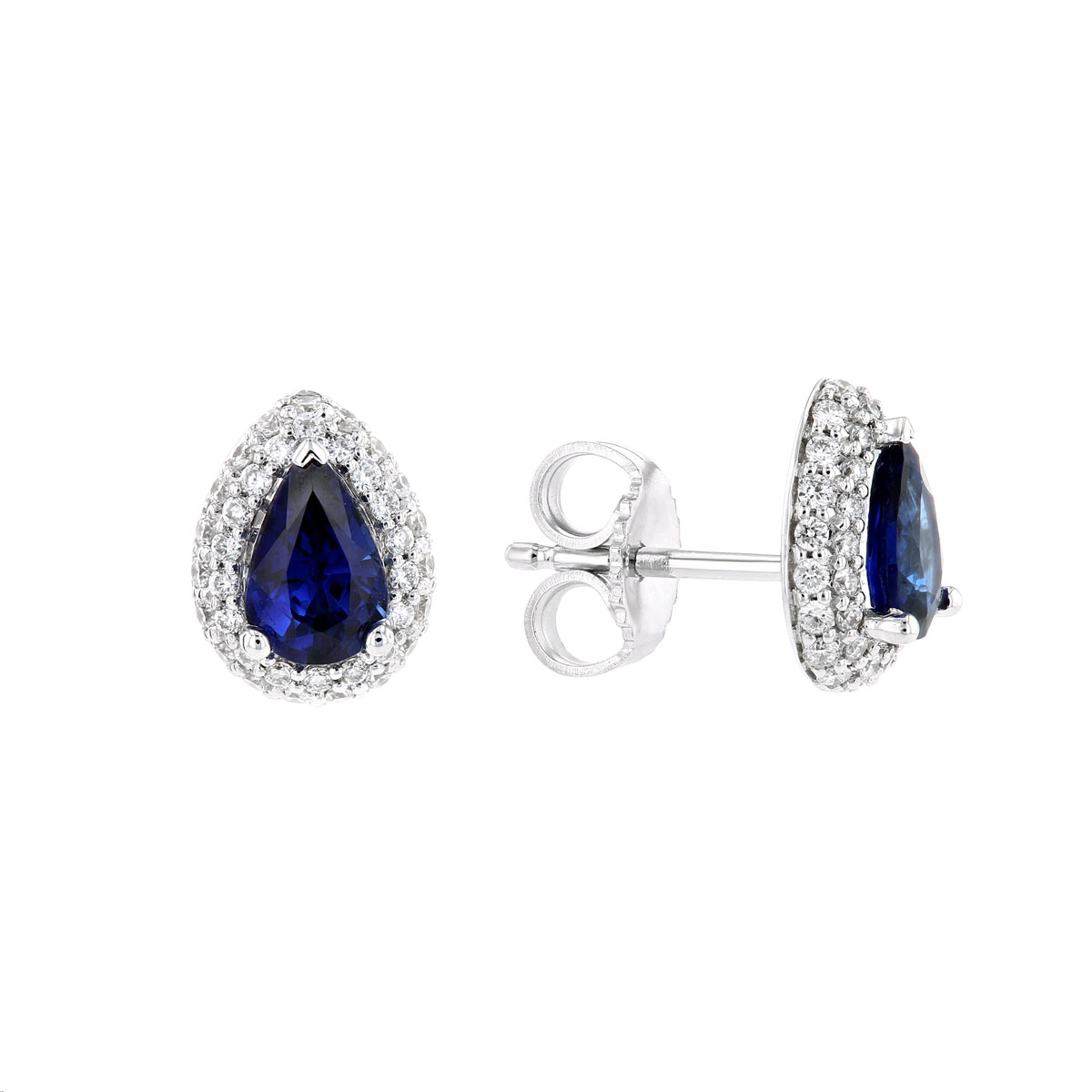 Pear Shaped Sapphire & Diamond Double Halo Stud Earrings in White Gold