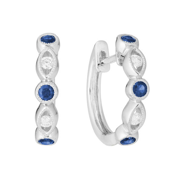 Sapphire & Diamond Round & Navette Pattern Huggie Hoop Earrings in White Gold