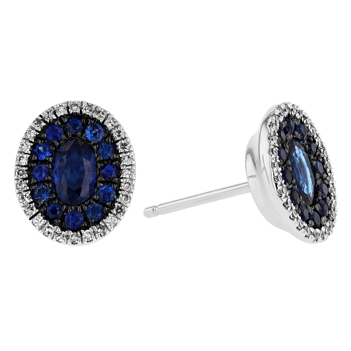 Oval & Round Sapphire Stud Earrings with Diamond Halo in White Gold