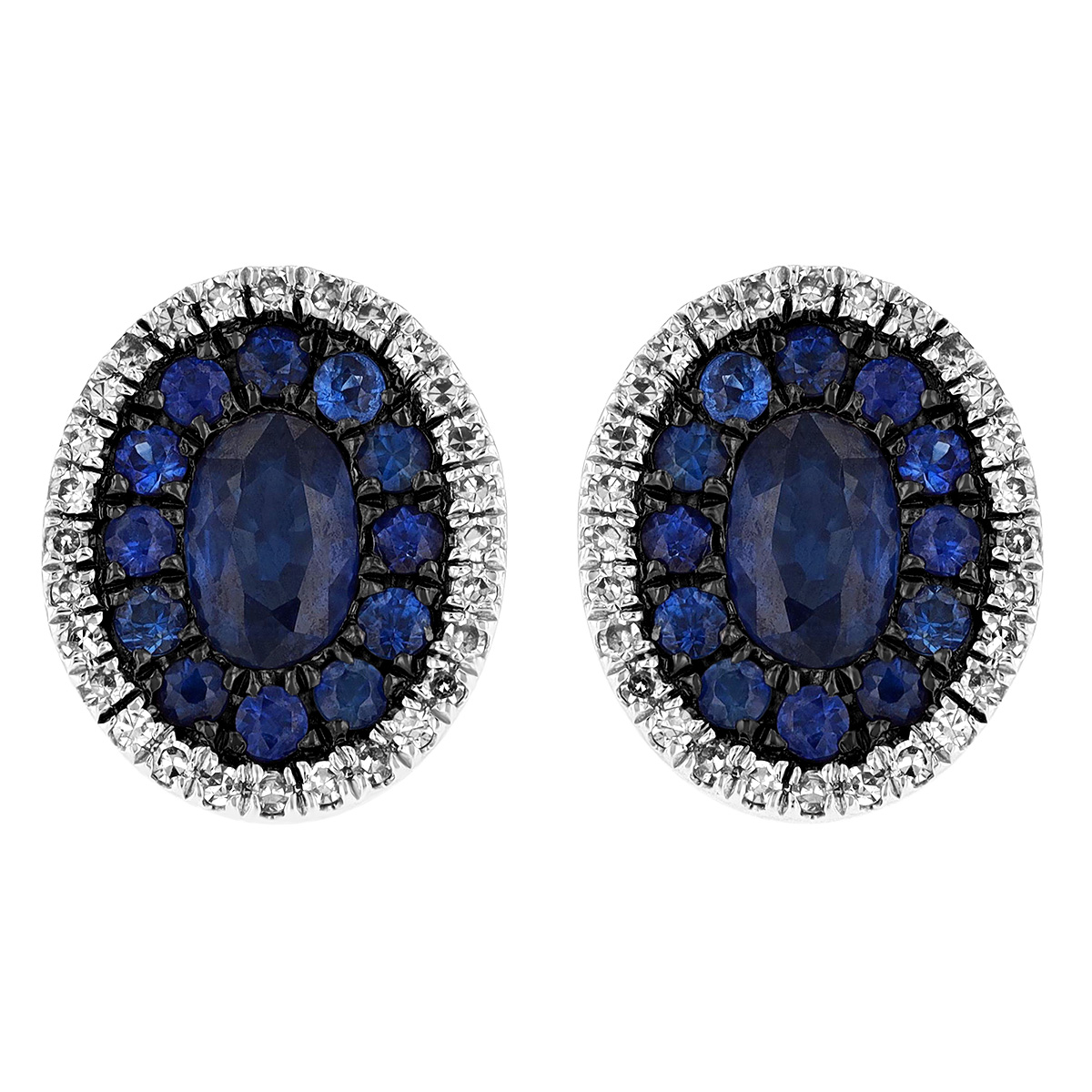 Oval & Round Sapphire Stud Earrings with Diamond Halo in White Gold