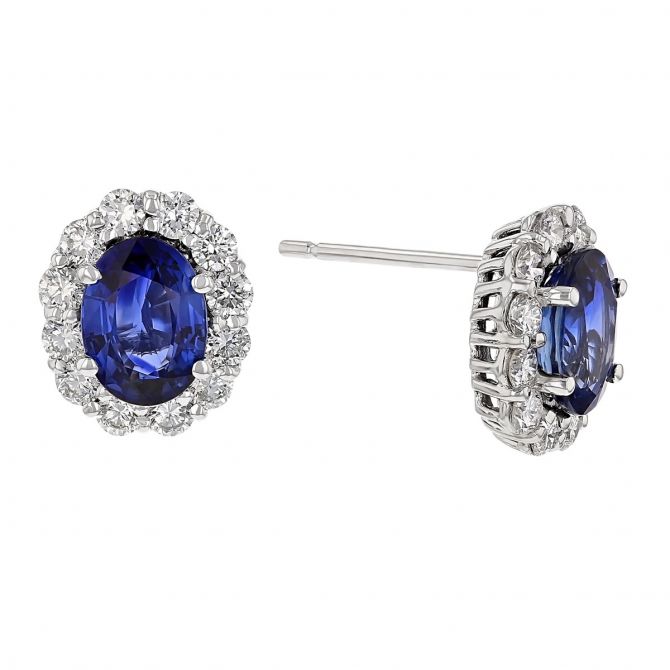 Oval Sapphire & Diamond Halo Post Earrings in White Gold