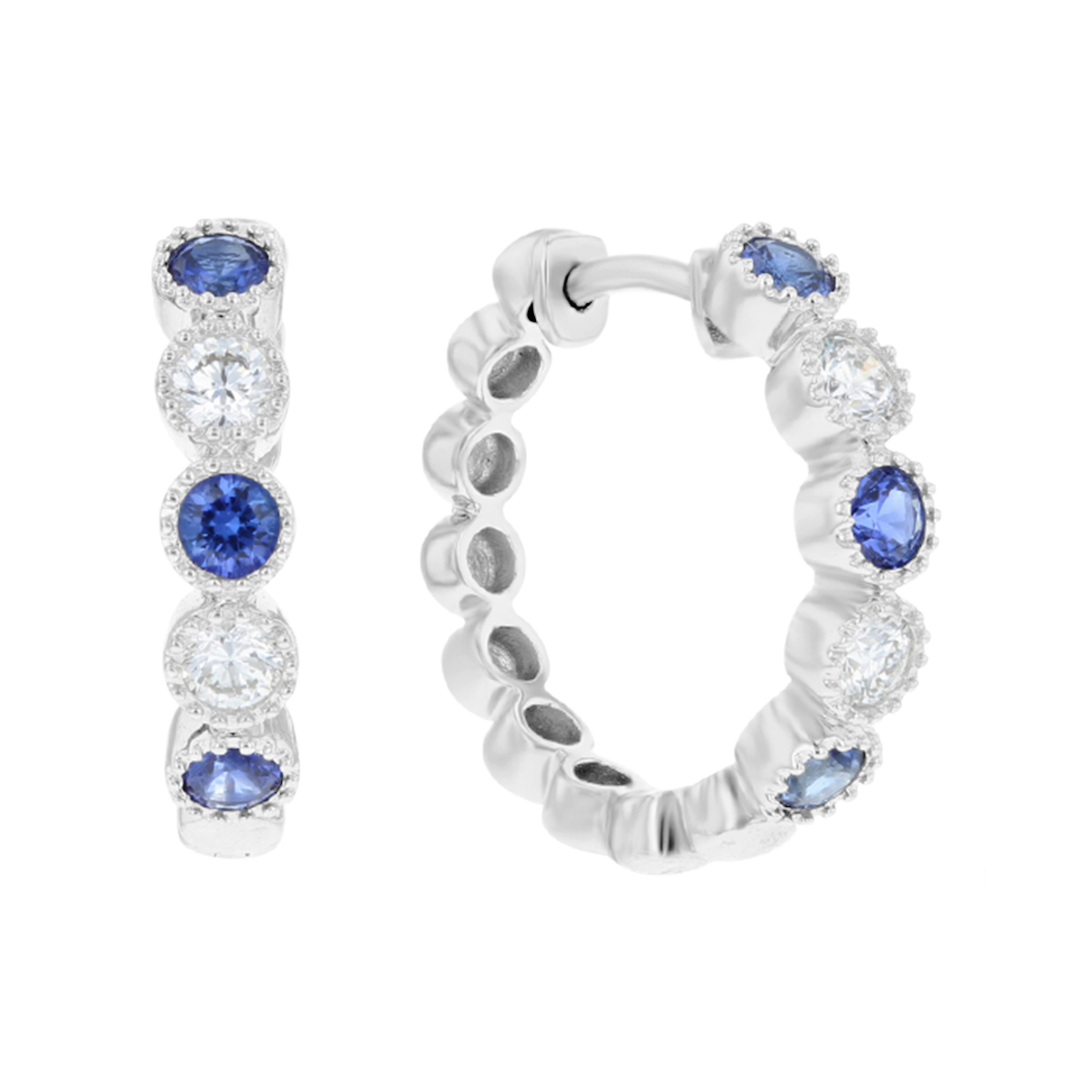 Round Sapphire & Diamond Milgrain Bezel Hoop Earrings in White Gold