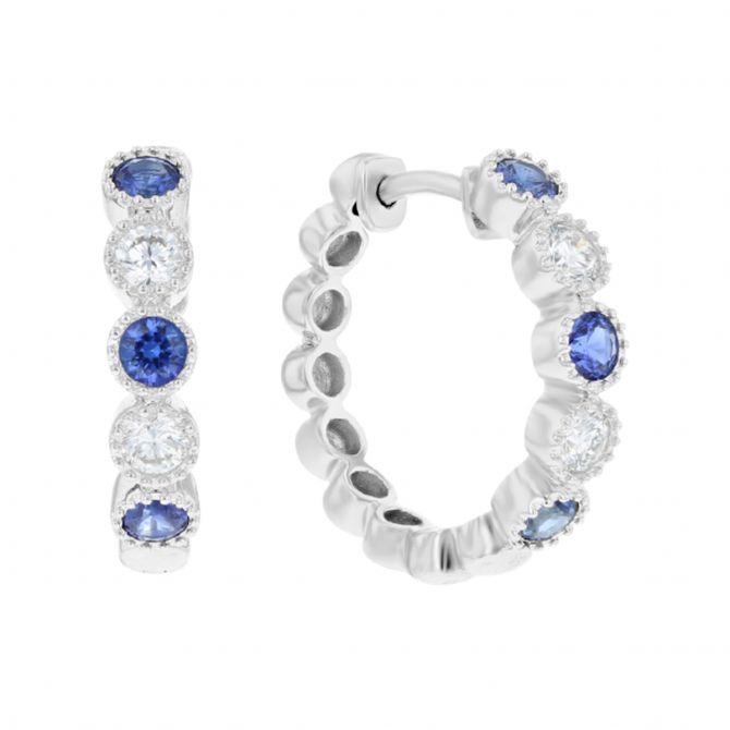 Round Sapphire & Diamond Milgrain Bezel Hoop Earrings in White Gold