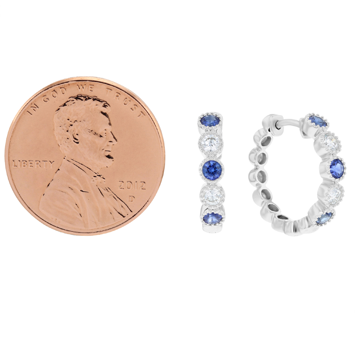 Round Sapphire & Diamond Milgrain Bezel Hoop Earrings in White Gold