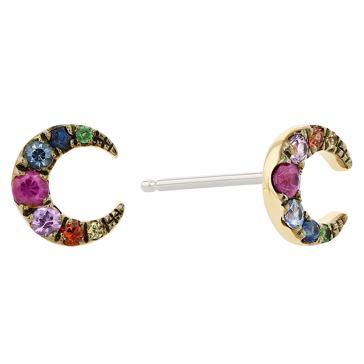 Multicolored Sapphire & Tsavorite Rainbow Crescent Moon Post Earrings in Yellow Gold