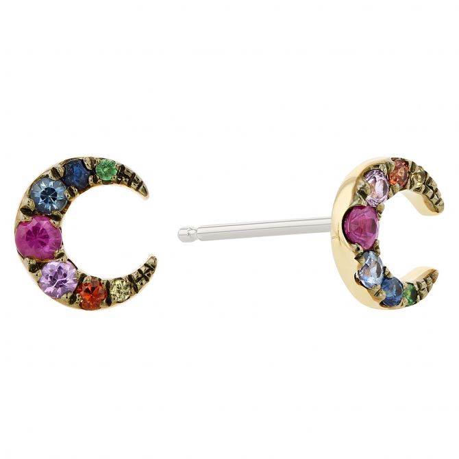 Multicolored Sapphire & Tsavorite Rainbow Crescent Moon Post Earrings in Yellow Gold