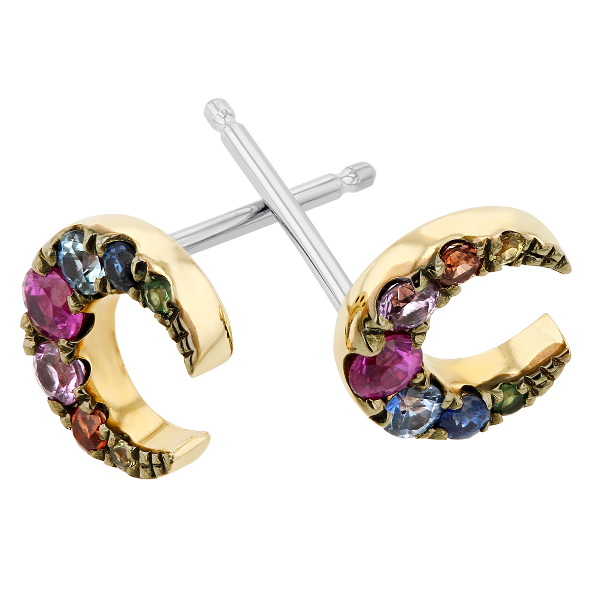 Multicolored Sapphire & Tsavorite Rainbow Crescent Moon Post Earrings in Yellow Gold
