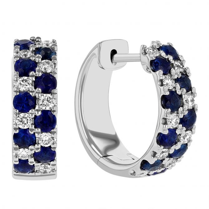 Sapphire & Diamond 2 Row Huggie Hoop Earrings in White Gold