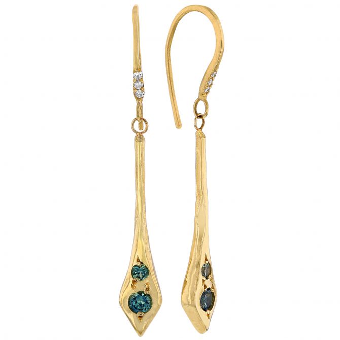Robin Haley Long Drop Montana Sapphire Earrings in Yellow Gold with Diamond Hooks
