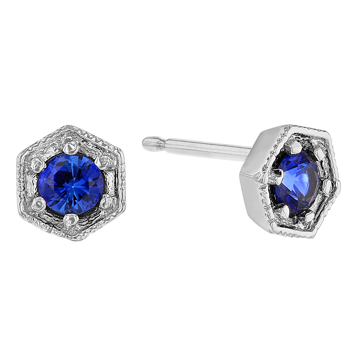 My Story Becky Sapphire Milgrain Hexagon Stud Earrings in White Gold