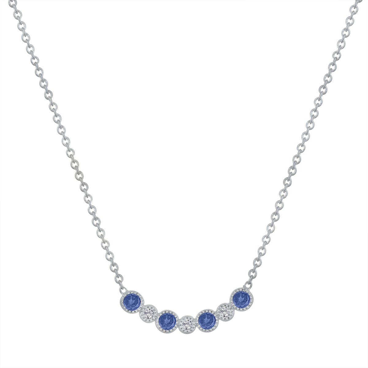 My Story 14K White Gold Round Sapphire & Diamond Bezel Set Necklace, 16