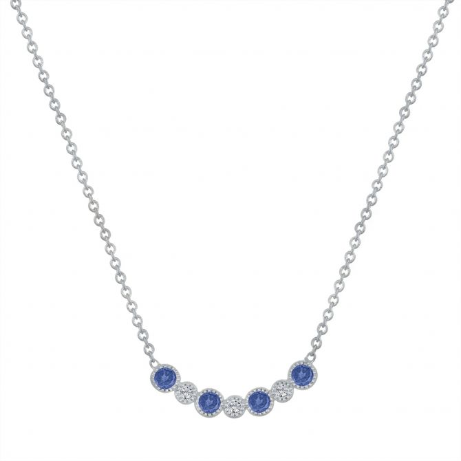 My Story 14K White Gold Round Sapphire & Diamond Bezel Set Necklace, 16"