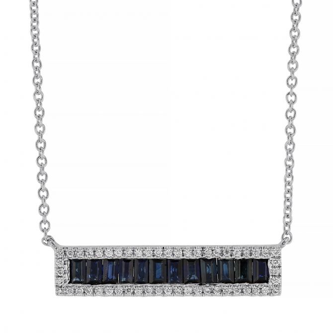 Baguette Sapphire & Diamond Frame Bar Necklace in White Gold, 18"