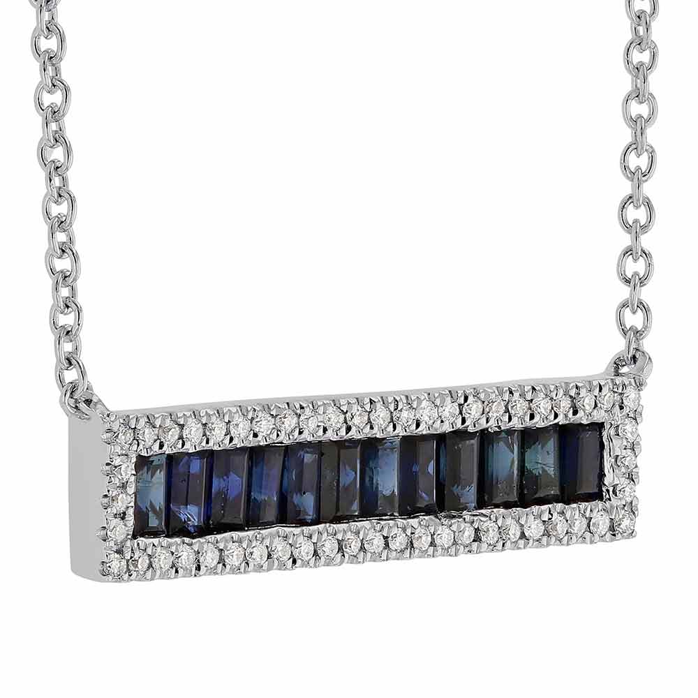Baguette Sapphire & Diamond Frame Bar Necklace in White Gold, 18