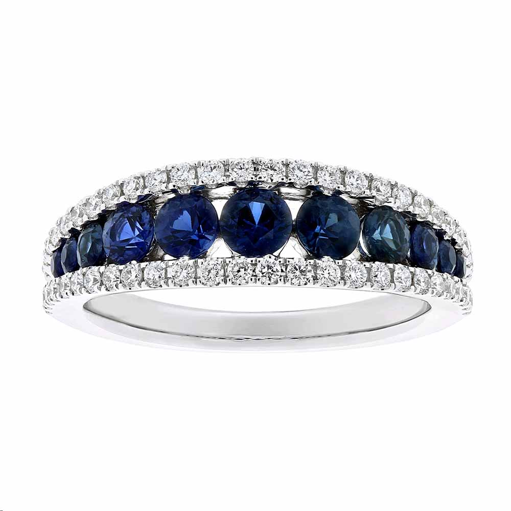 Sapphire & Diamond Graduated 3 Row Ring in White Gold