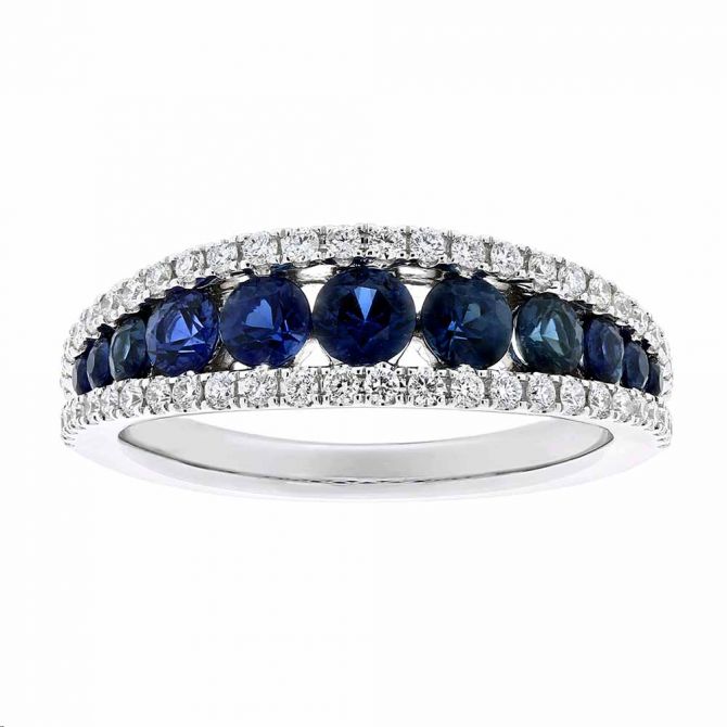 Sapphire & Diamond Graduated 3 Row Ring in White Gold