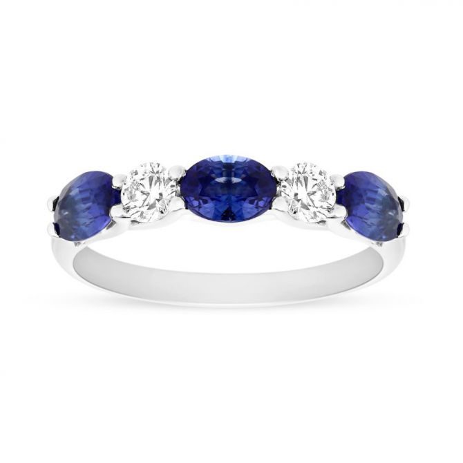 14K White Gold Oval Sapphire & Diamond Alternating Ring