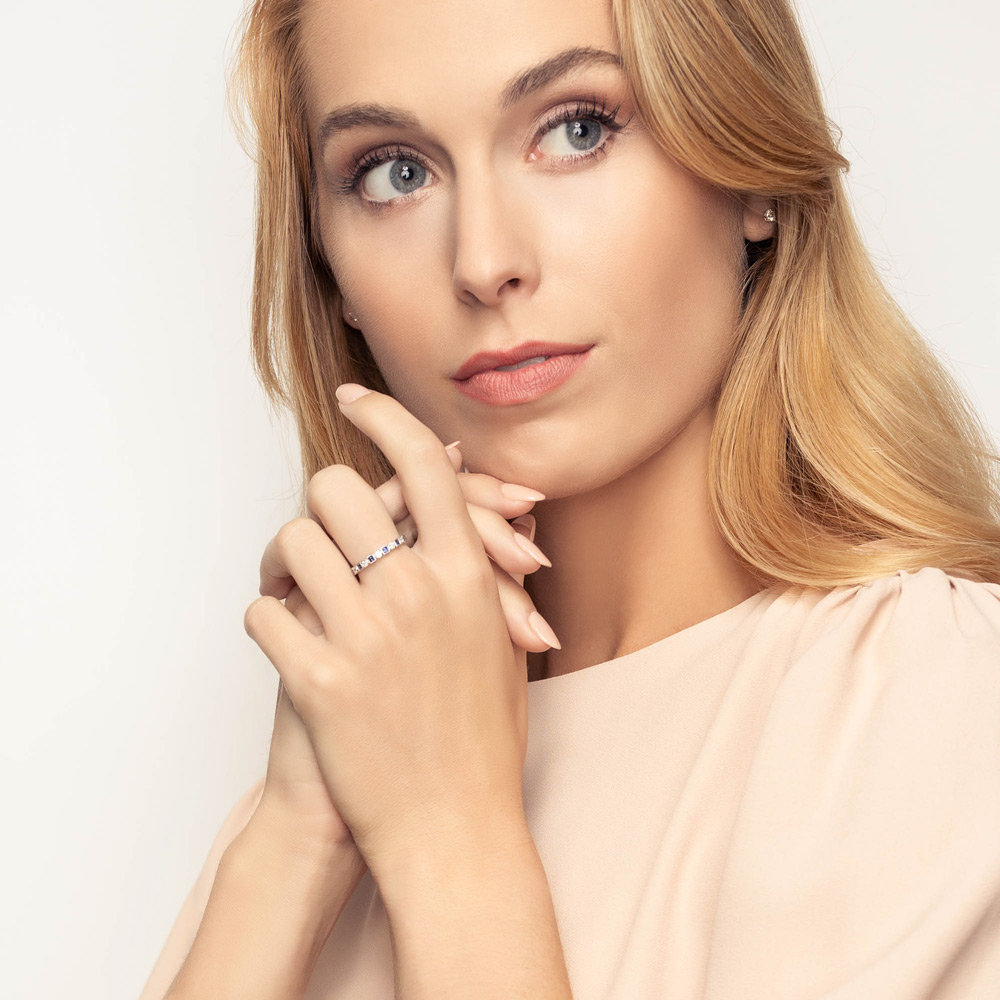 Princess Cut Sapphire & Diamond Geometric Ring in White Gold