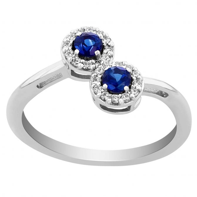 Round Sapphire Bypass Ring with Diamond Halo in White Gold