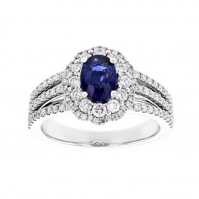 14k White Gold Oval Sapphire And Diamond Satin Finish Ring
