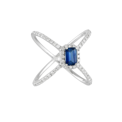 Doves Azure Emerald Cut Sapphire & Diamond X Ring in White Gold