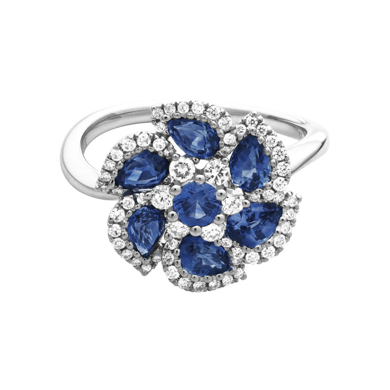 14K White Gold Sapphire & Diamond Flower Ring